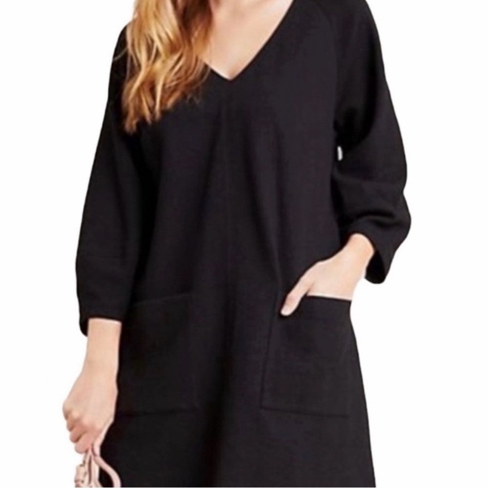 Maeve Anthropologie Black Dress Tunic V-Neck Pockets 3/4 Sleeves sz XS oversized